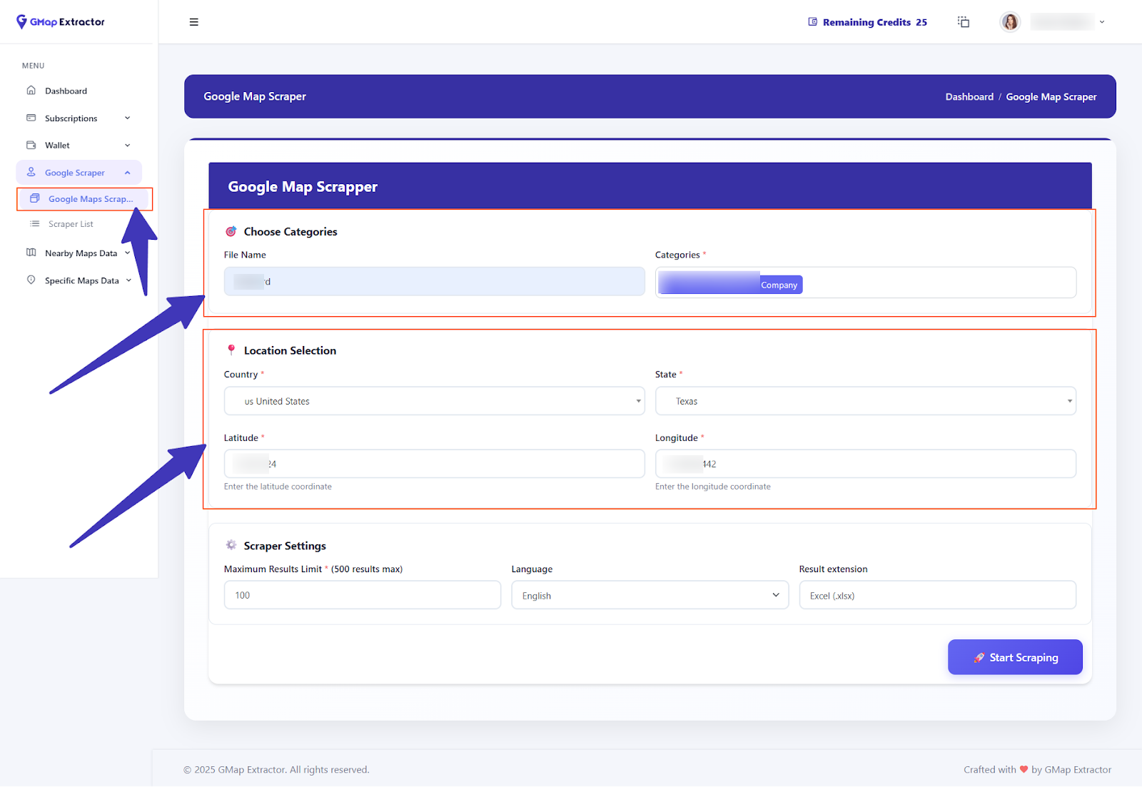 Google MAP Scraping result table example