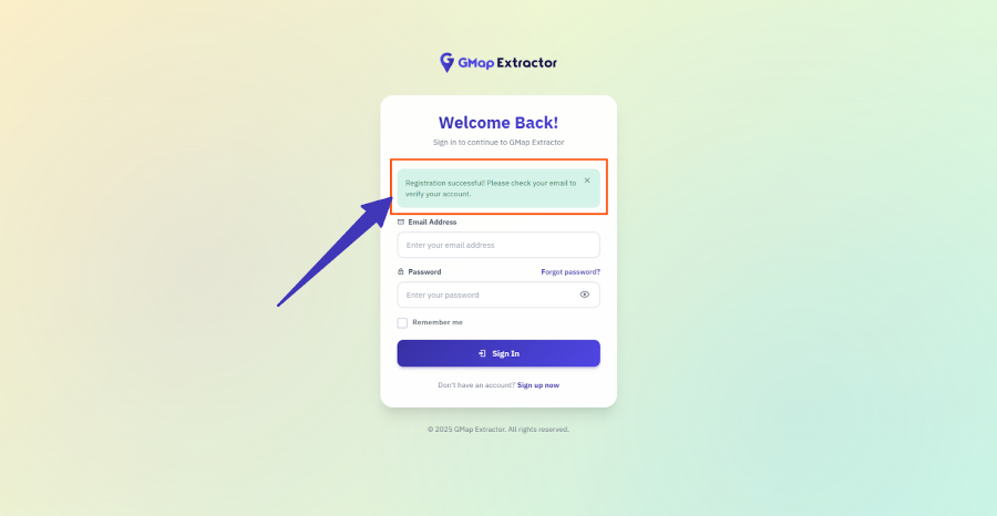 Email verification message screenshot