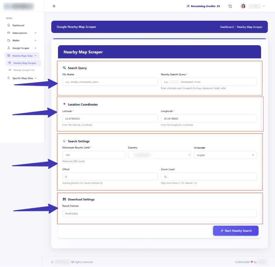 Google Nearby Map Scraper form view