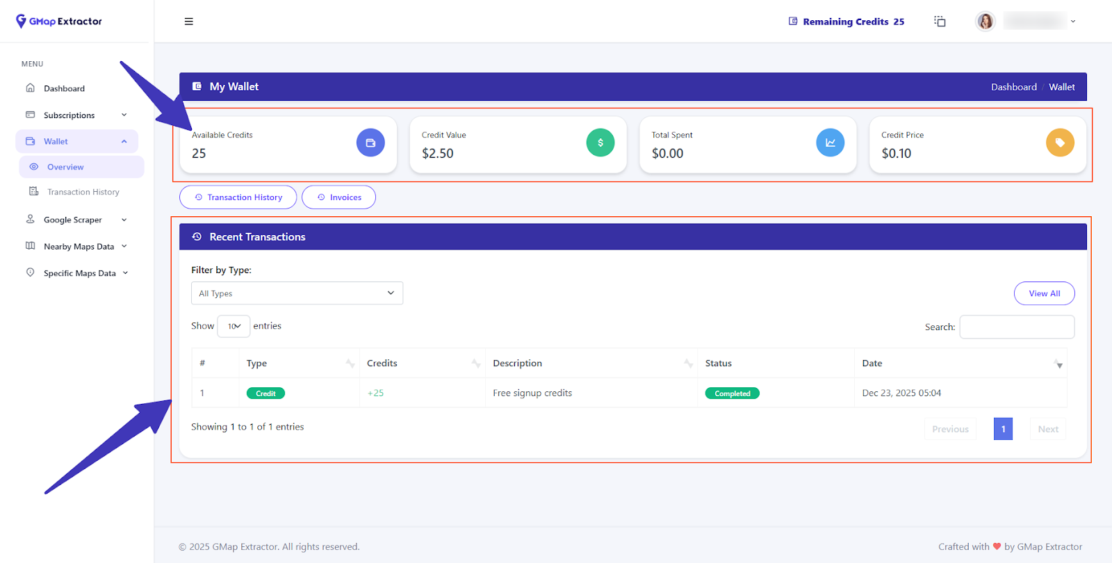 Wallet and credits view in G Map Extractor