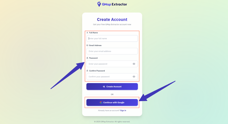 Sign up with Gmail on G Map Extractor