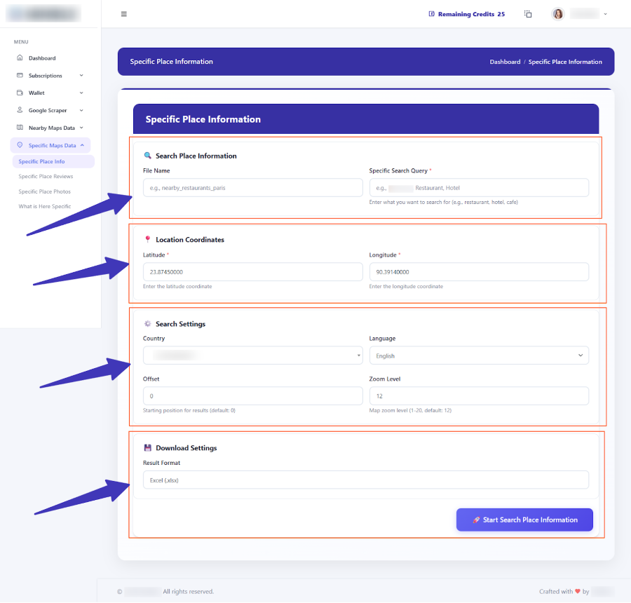 Specific Place Information form