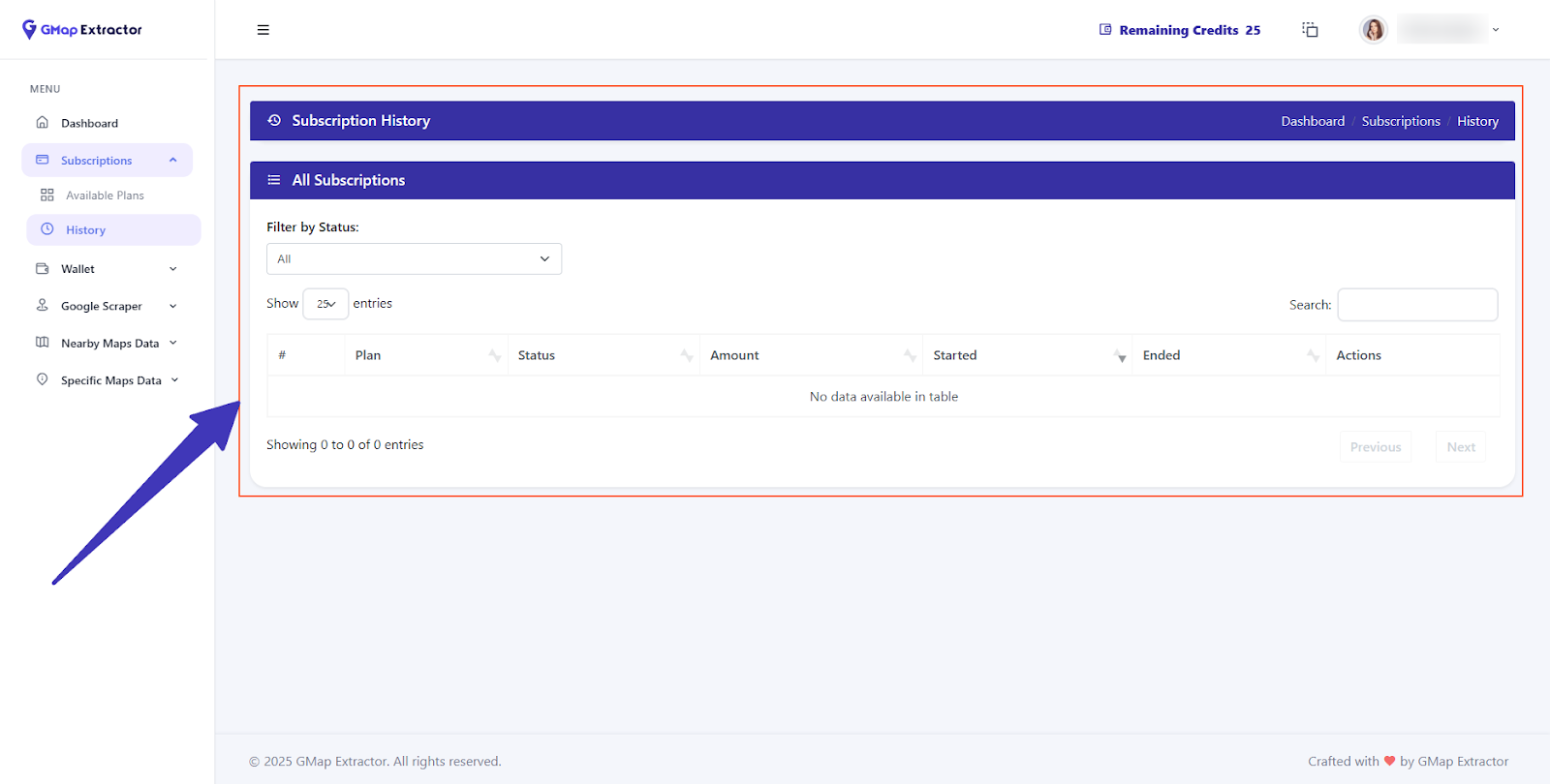 Transaction history for purchased packages